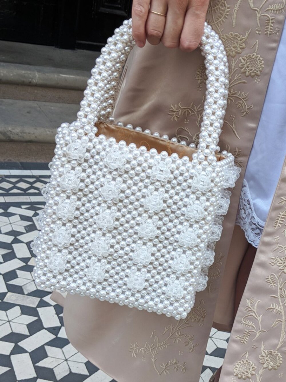 Shrimps Antonia Bag Cream Faux Pearl Clear Beads Beaded Handbag Bridal